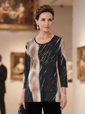 Sementa Abstract Print Rhinestone Embellished Tunic Top Size L 3/4 Sleeve Taupe